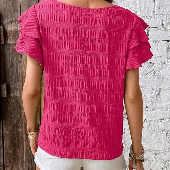 Hot Pink Ruffle Sleeve Top Blouse Flirty Feminine Large - Picture 8 of 8